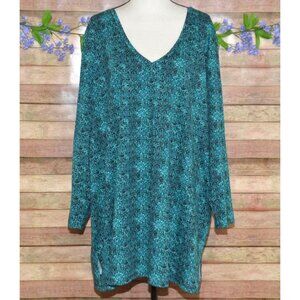 Roaman's Green Floral V-Neck Long Sleeve Tunic Blouse Top Plus Size 3X Cotton